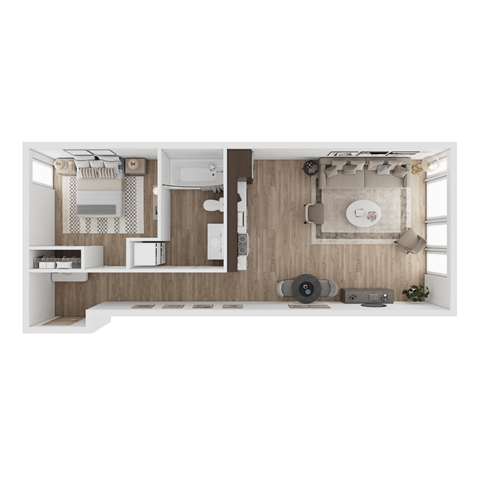 a stylized floor plan with a bedroom and a bathroom